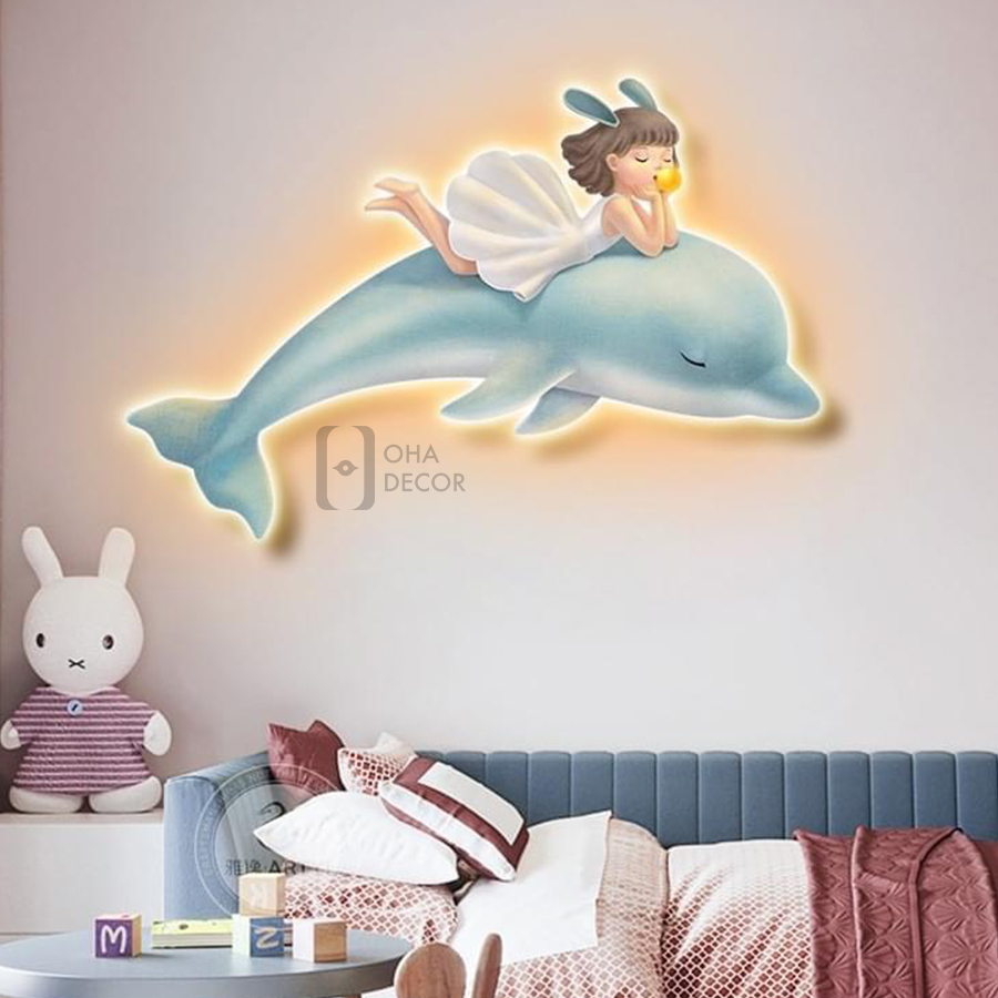Tranh 3D LED Cắt Cô Gái Và Cá Heo Trang Trí Nhà, Quán Cà Phê Hiện Đại Xưởng Giá Rẻ