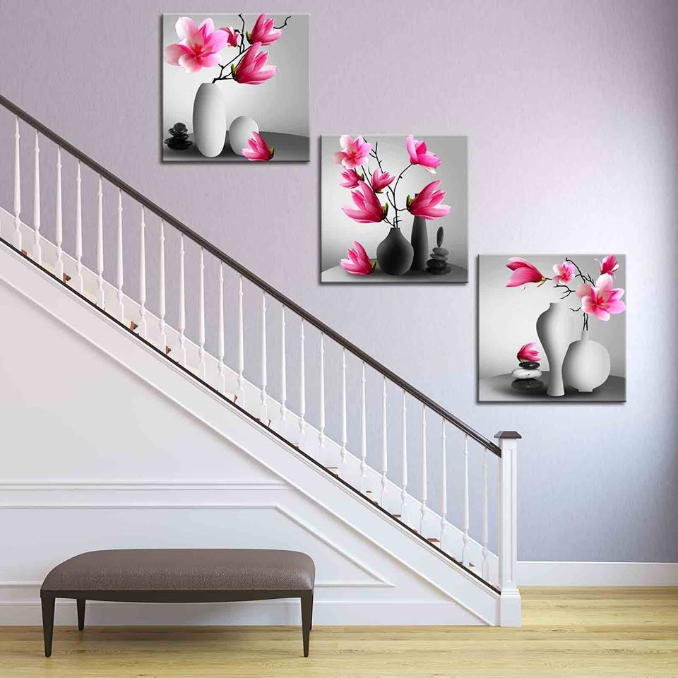 Bộ 3 Tranh Treo Cầu Thang Phong Cách Hoa Nhiệt Đới Tráng Gương Cao Cấp OHA Decor