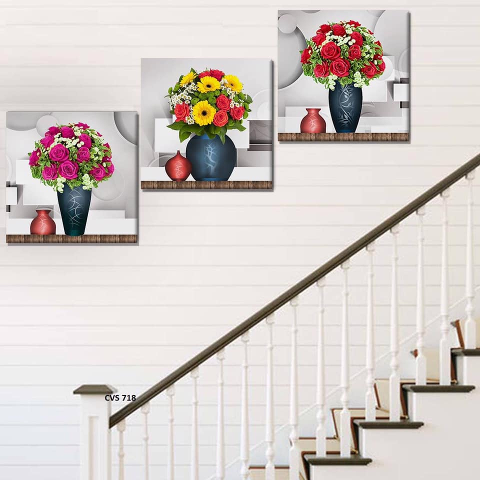 Bộ 3 Tranh Treo Cầu Thang Phong Cách Hoa Nhiệt Đới Tráng Gương Cao Cấp OHA Decor
