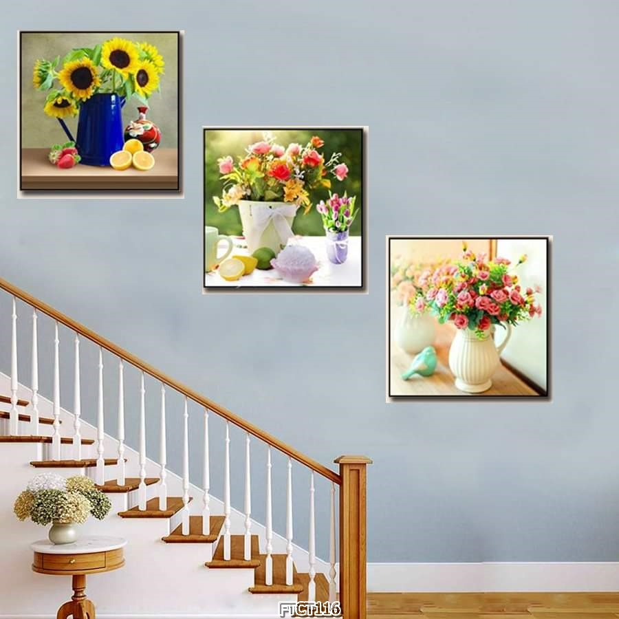 Bộ 3 Tranh Treo Cầu Thang Phong Cách Hoa Nhiệt Đới Tráng Gương Cao Cấp OHA Decor