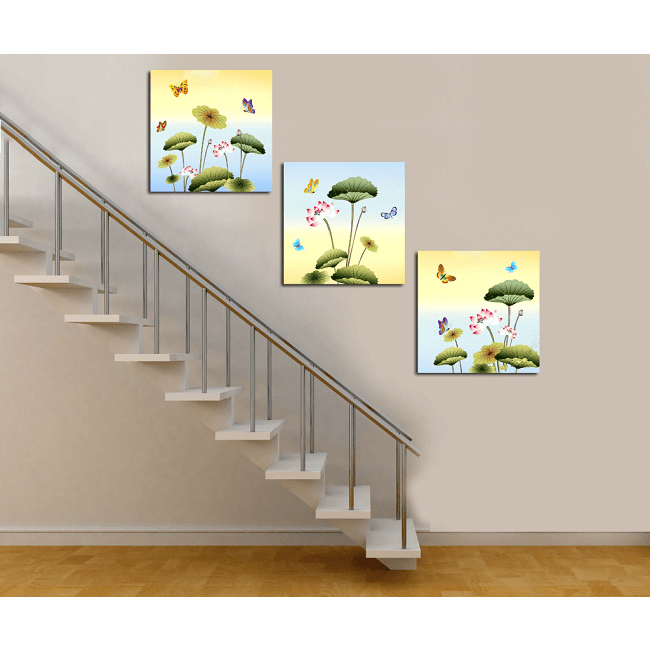Bộ 3 Tranh Treo Cầu Thang Phong Cách Hoa Nhiệt Đới Tráng Gương Cao Cấp OHA Decor