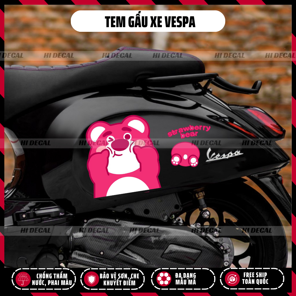 Tem Gấu Dâu Losto Xe Vespa, Lead, Xe điện| TMN-H005 | Decal xe vespa tem gấu cao cấp chống nước, chống phai màu