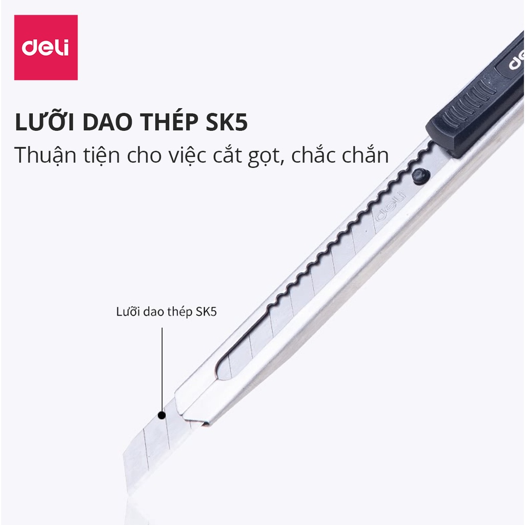 Dao rọc giấy Deli cao cấp 8/13 lưỡi thép không gỉ SK5 - Dao rọc mini bỏ túi kim loại tiện lợi văn phòng học sinh