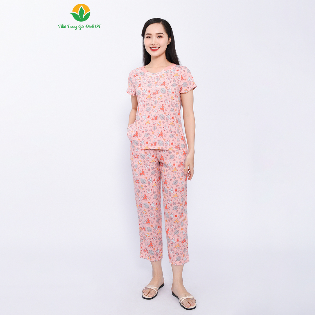Bộ quần áo mặc nhà cho nữ Việt Thắng, quần dài, áo cộc tay chất Lanh (rayon)  thoáng mát - B08.2309
