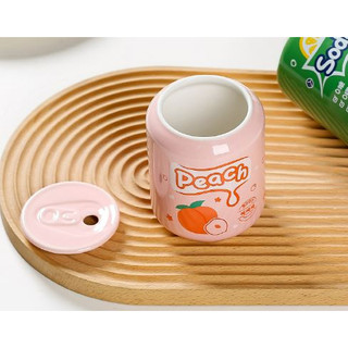 Cốc gốm sứ hình lon nước có nắp  đậy và ống hút thủy tinh dung tích 420ml