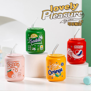 Cốc gốm sứ hình lon nước có nắp  đậy và ống hút thủy tinh dung tích 420ml