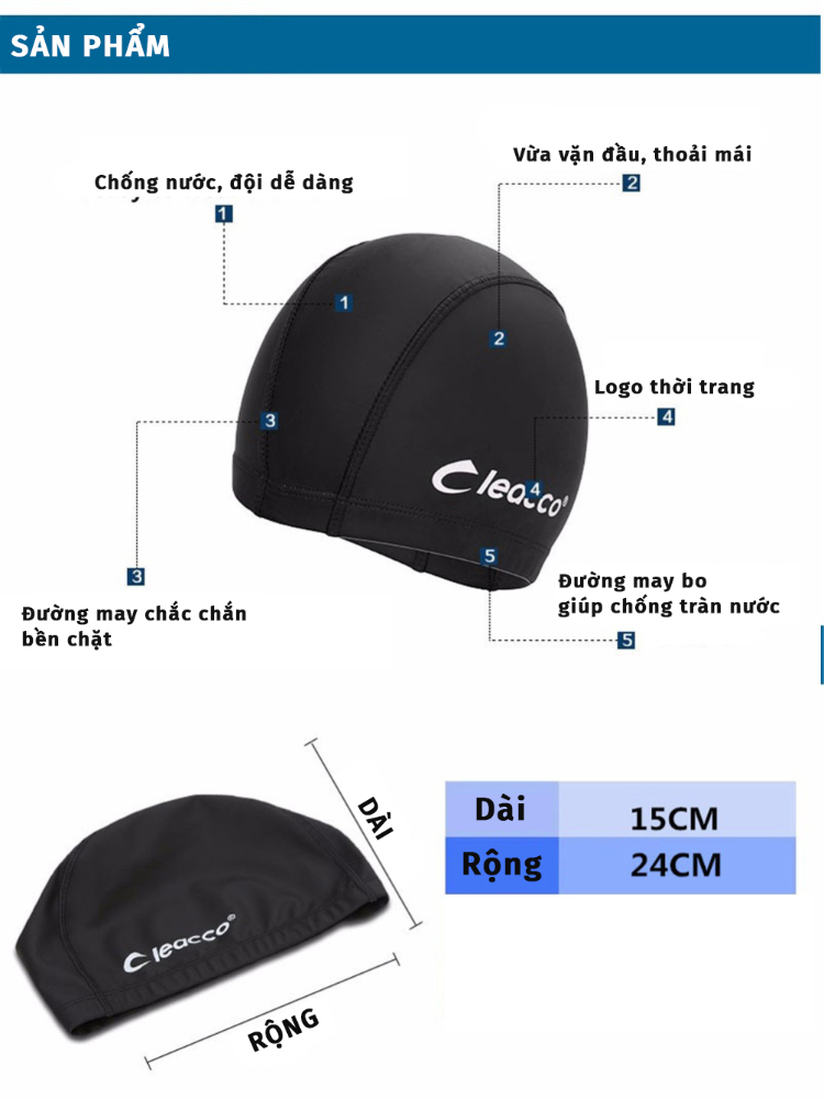 Ảnh Nón Bơi Chính Hãng Mũ Bơi Vải Chất Liệu PU Hạn Chế Thấm Nước Mềm Mại Thoải Mái Khi Mang Cleacco PU Boro Sport 1