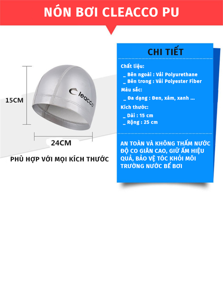 Ảnh Nón Bơi Chính Hãng Mũ Bơi Vải Chất Liệu PU Hạn Chế Thấm Nước Mềm Mại Thoải Mái Khi Mang Cleacco PU Boro Sport 2