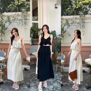Set Áo 2 Dây Đũi Bèo Mix Chân Váy Xoè Hàng 2 Lớp Siêu Xinh, Set Bộ Nữ Đi Biển (cváy cạp chun có khoá sườn)