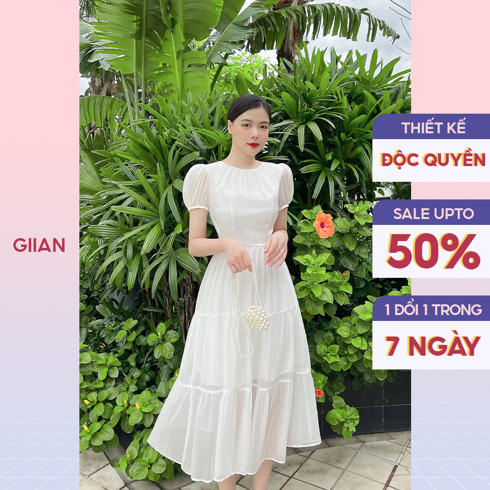 Váy trắng đi biển dáng dài vải tơ hàn mềm mịn thiết kế cổ tròn tay bồng thương hiệu Giian - GV1877TR