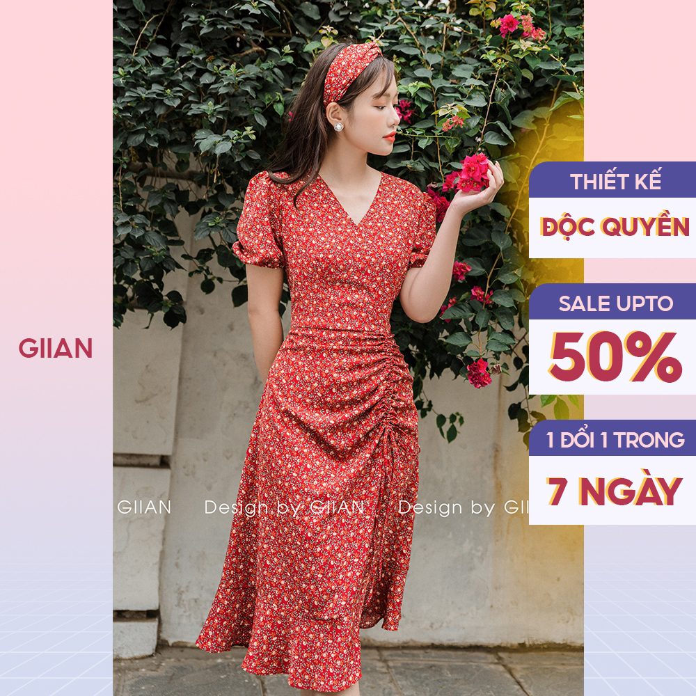 Váy hoa nhí dáng dài vintage đi biển phối tay bồng nhún eo thương hiệu Giian - GV2156DO