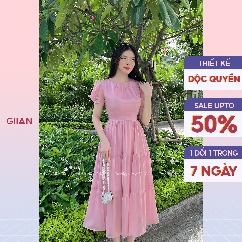 Váy hồng đi biển dáng dài maxi vải tơ hàn thiết kế xếp tầng cách điệu thương hiệu Giian - GV1877HK