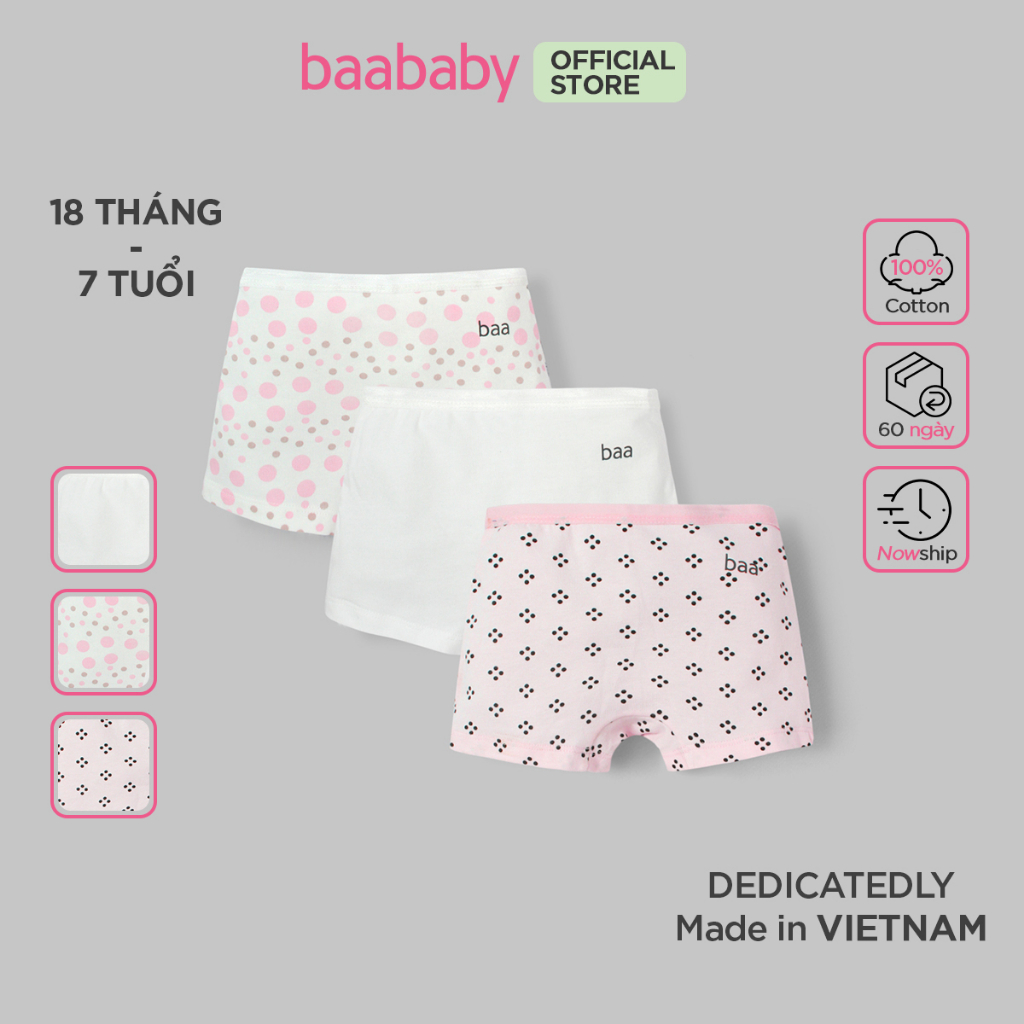 Set 3 quần lót cotton em bé, bộ quần chip thoáng khí cho bé gái từ 2 tuổi - 7 tuổi Baa Baby - GT-QL02C-03