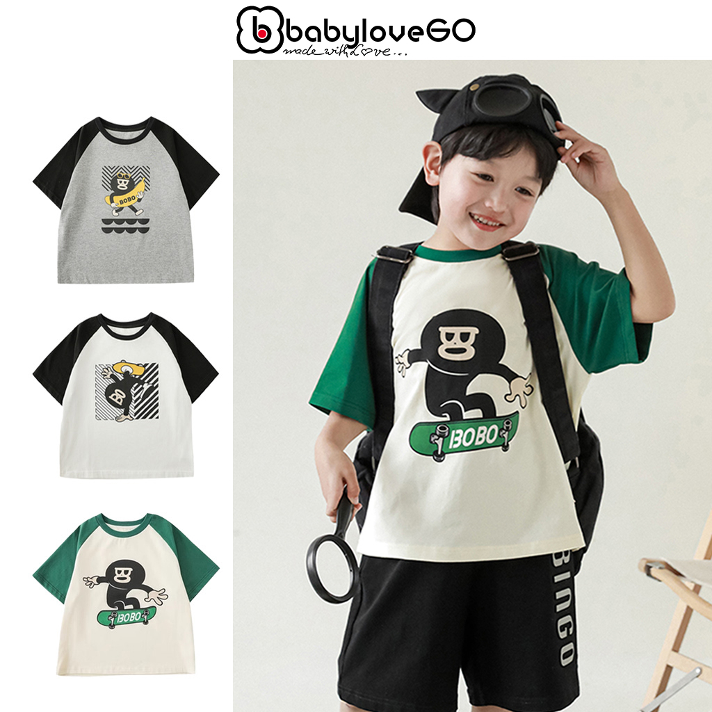 Áo thun bé trai phối màu BOBO áo phông cộc tay in hình cho bé BabyloveGO