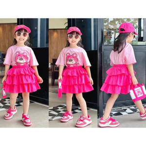 ❌❌XẢ LẺ SIZE❌❌ Set chân váy 3 tầng kèm áo gấu dâu Lotso cotton lạnh 4C siêu xinh cho bé đi chơi, đi tiệc, đi học Sofia