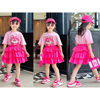 ❌❌XẢ LẺ SIZE❌❌ Set chân váy 3 tầng kèm áo gấu dâu Lotso cotton lạnh 4C siêu xinh cho bé đi chơi, đi tiệc, đi học Sofia