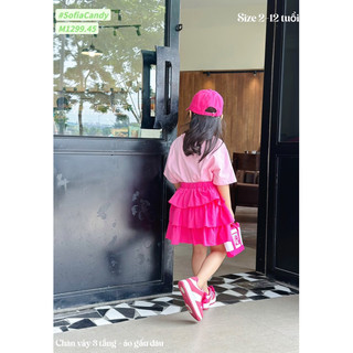 ❌❌XẢ LẺ SIZE❌❌ Set chân váy 3 tầng kèm áo gấu dâu Lotso cotton lạnh 4C siêu xinh cho bé đi chơi, đi tiệc, đi học Sofia