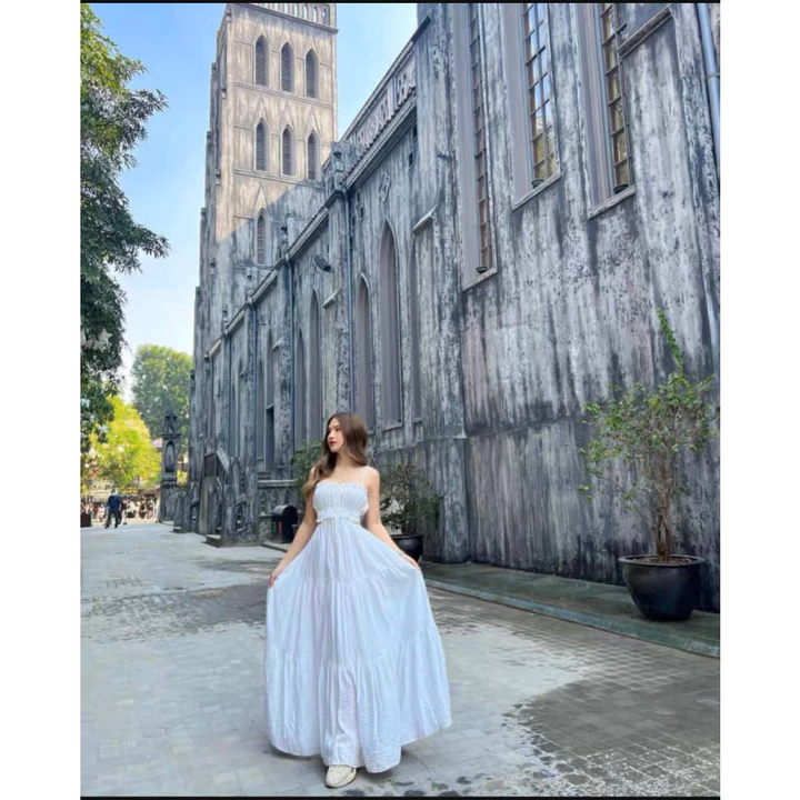 Váy maxi đi biển hai dây 3 tầng cut out hở lưng bo chun thắt nơ sau dáng xoè thướt tha LBR Garment