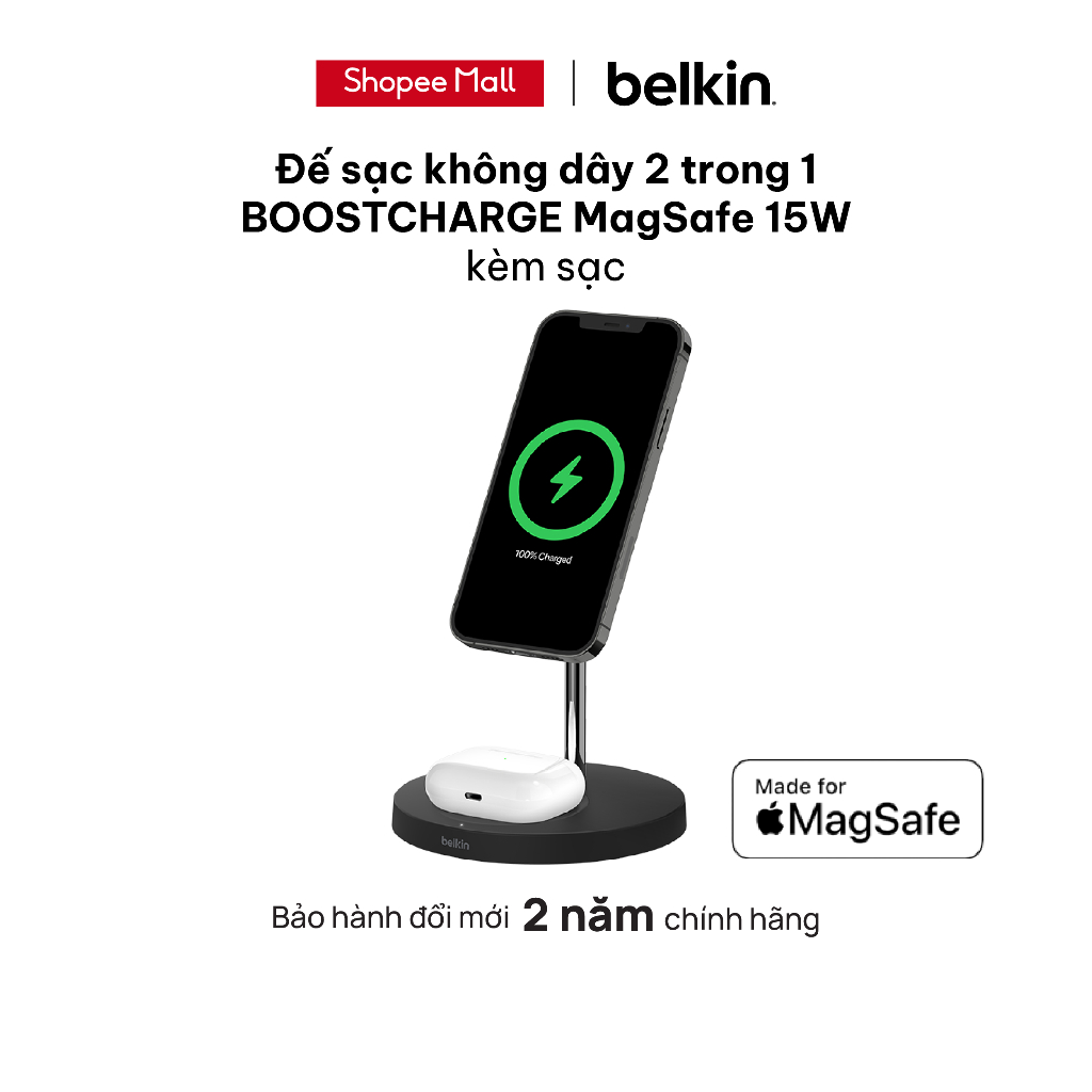 Đế sạc không dây Mag-safe 2 trong 1 BOOST↑CHARGE™ Belkin 15W, kèm sạc - WIZ010dq - Hàng chính hãng