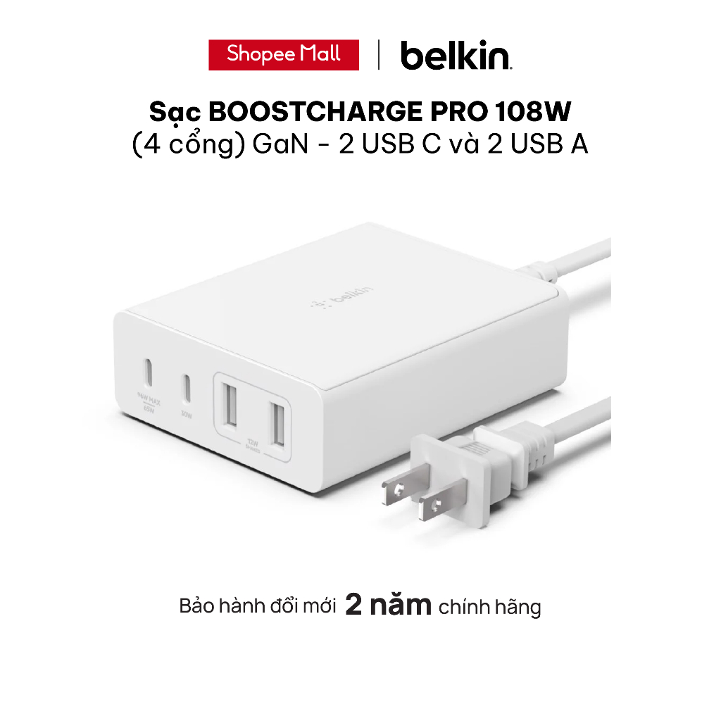 Sạc BOOST↑CHARGE™ PRO Belkin 108W (4 cổng) GaN - 2 USB C và 2 USB A - Hàng chính hãng - WCH010dq