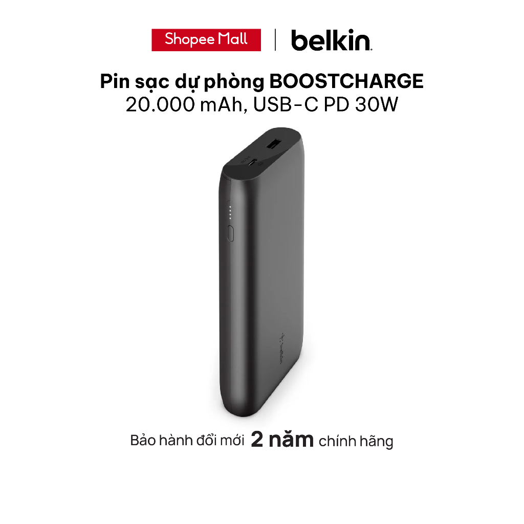 Pin sạc dự phòng Polyme Pocket Power Belkin 20.000 mAh, sạc nhanh USB-C PD 30W - Bảo hành 2 năm - BPB002bt