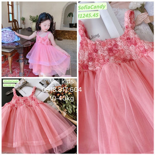 (Ảnh thật) Đầm váy bé gái. Đầm công chúa hoa Hồng tơ lưới cao cấp bé gái 10-40kg Sofia Candy