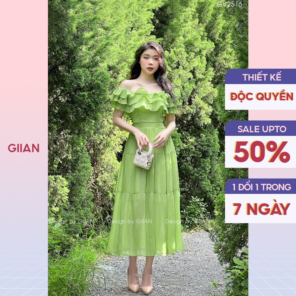 Váy xanh lá trễ vai thiết kế dáng dài xếp tầng nhún eo cách điệu thương hiệu Giian - GV2516X