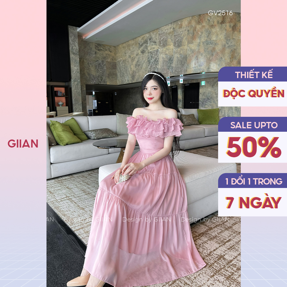 Váy hồng trễ vai thiết kế dáng dài maxi đi biển phối bèo dập ly thương hiệu Giian - GV2516