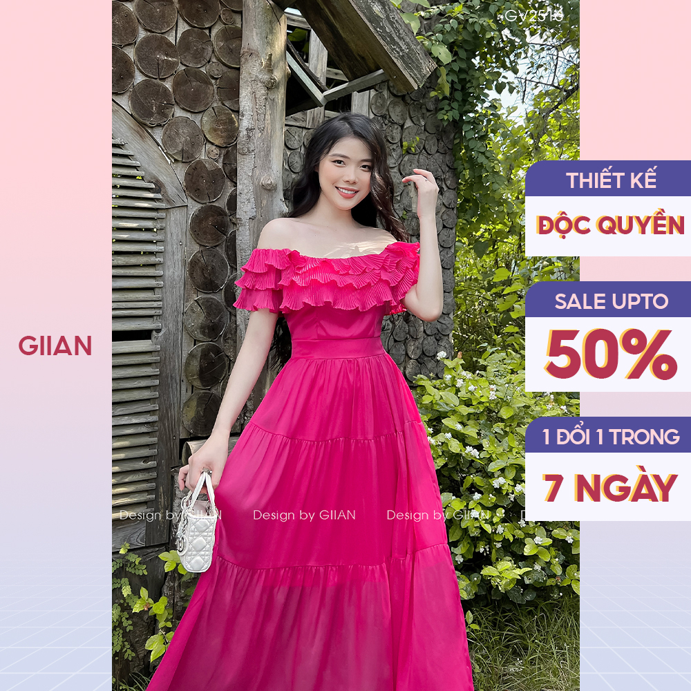 Váy hồng cánh sen đi biển dáng dài thiết kế trễ vai bèo nhún eo cao tôn dáng thương hiệu Giian - GV2516HS