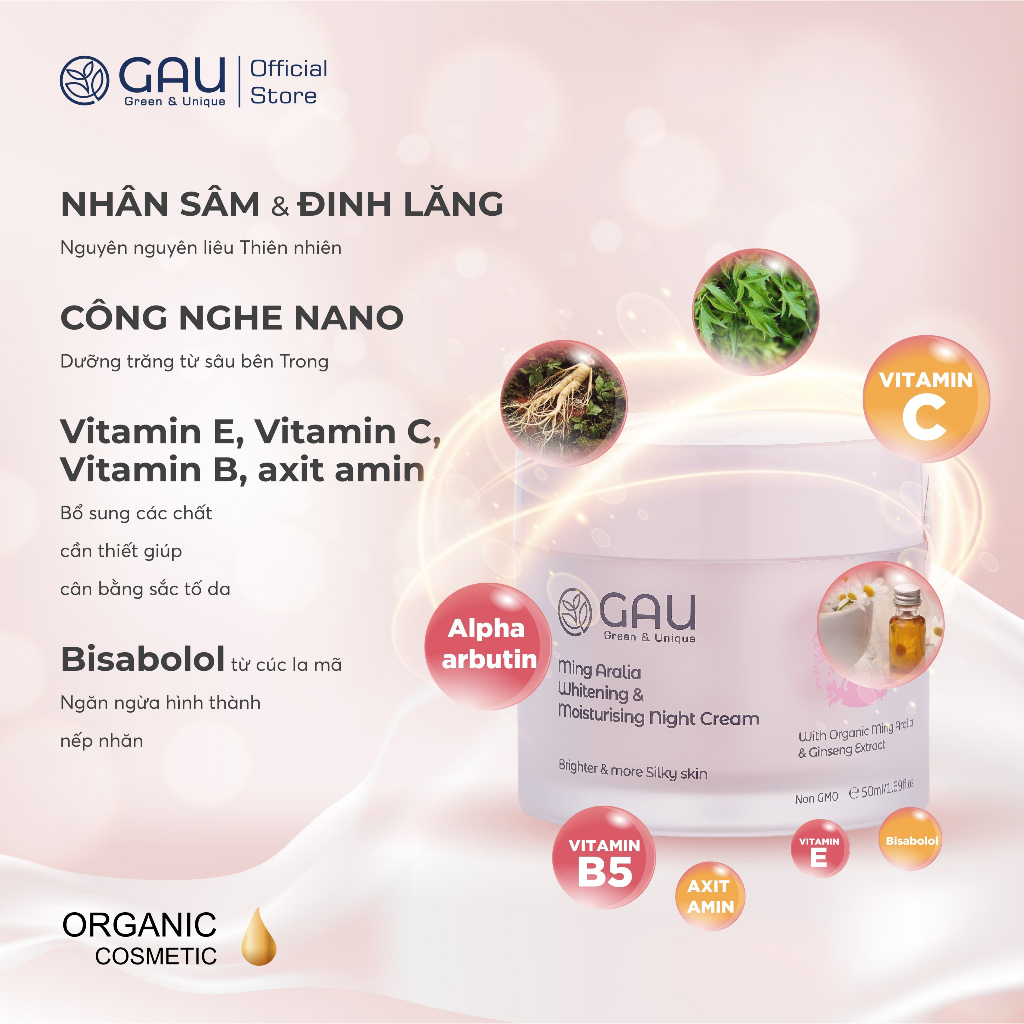 Kem Dưỡng Cream Trắng mịn, Giảm Nám, Chính hãng GAU Tự nhiên từ Saponin Nhân Sâm giàu Vitamin C, E