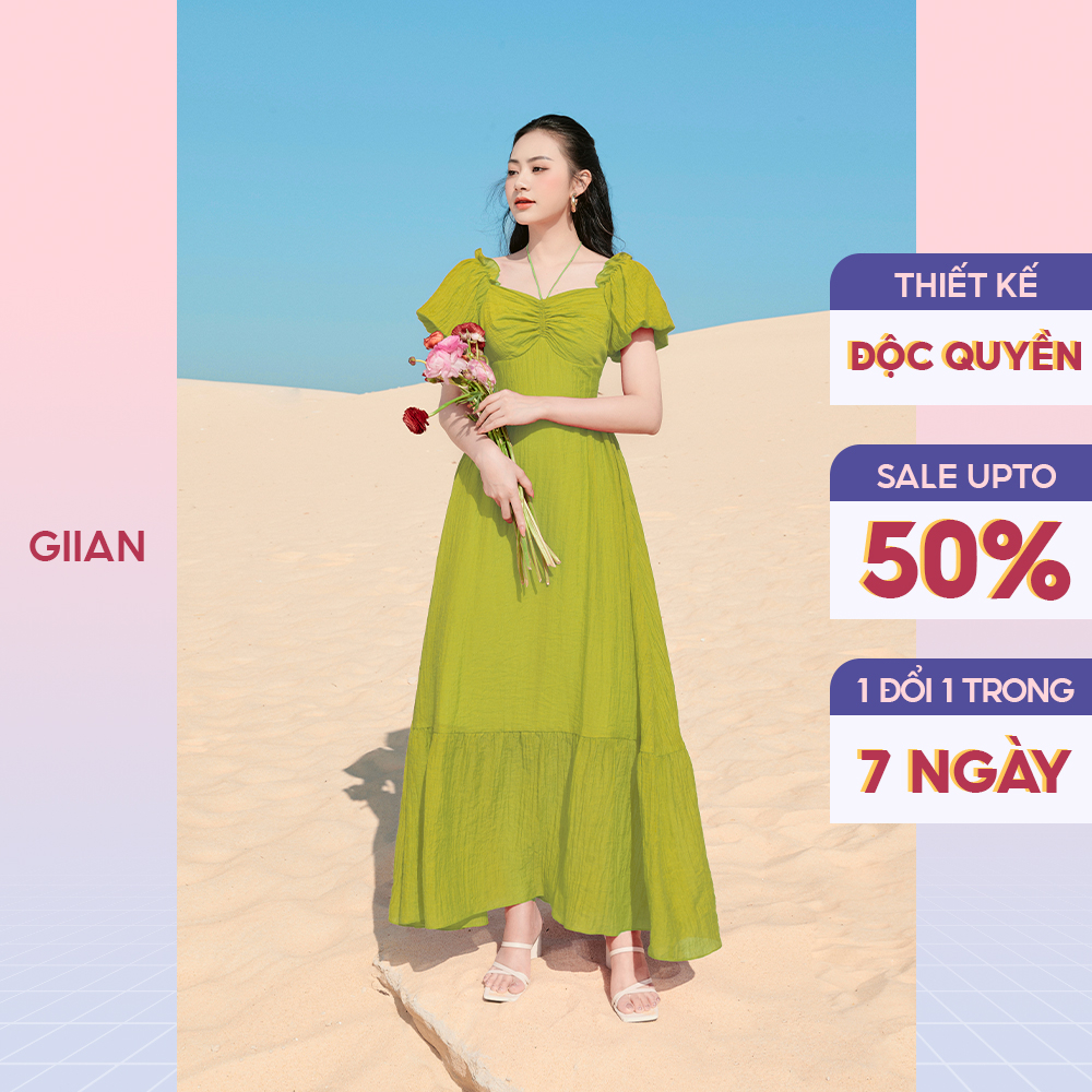 Váy đi biển đầm maxi dáng dài phối tay bồng cổ yếm thương hiệu Giian - GV2687X