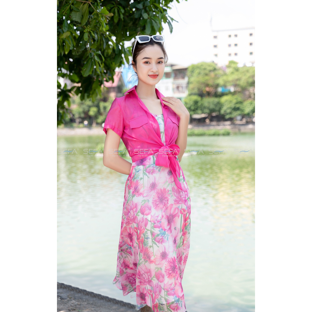 Ảnh Đầm hoa SEFA kèm áo khoác chất liệu lụa tơ cao cấp, đầm đi biển đầm voan hoa áo sơ mi cổ đức khoác 2