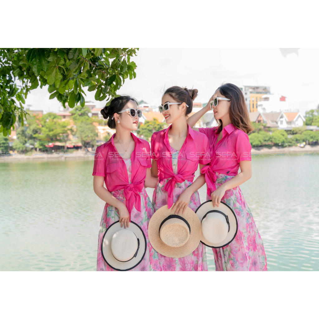 Ảnh Đầm hoa SEFA kèm áo khoác chất liệu lụa tơ cao cấp, đầm đi biển đầm voan hoa áo sơ mi cổ đức khoác 1