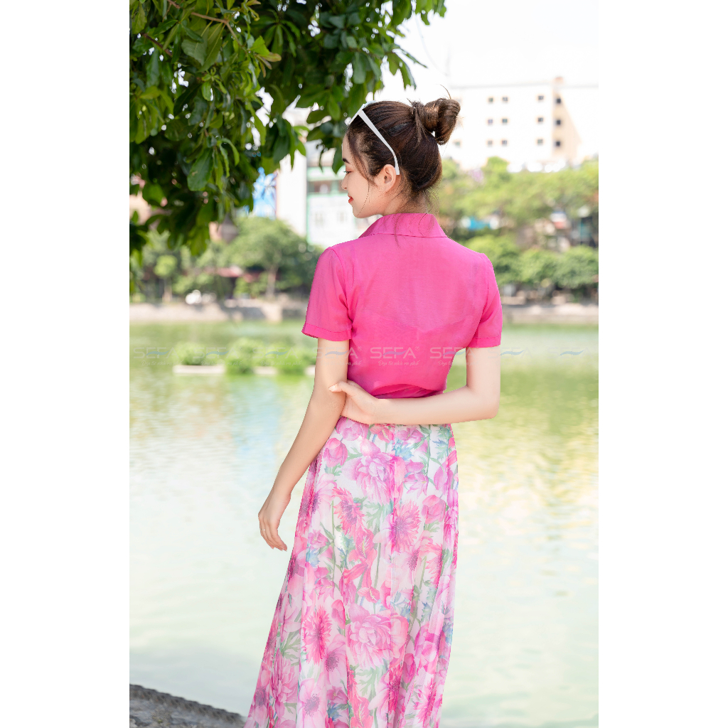 Ảnh Áo sơ mi buộc vạt cổ đức mỏng dạng khoác ngoài chất liệu tơ bảng màu xinh có túi ngực dễ phối đồ 3