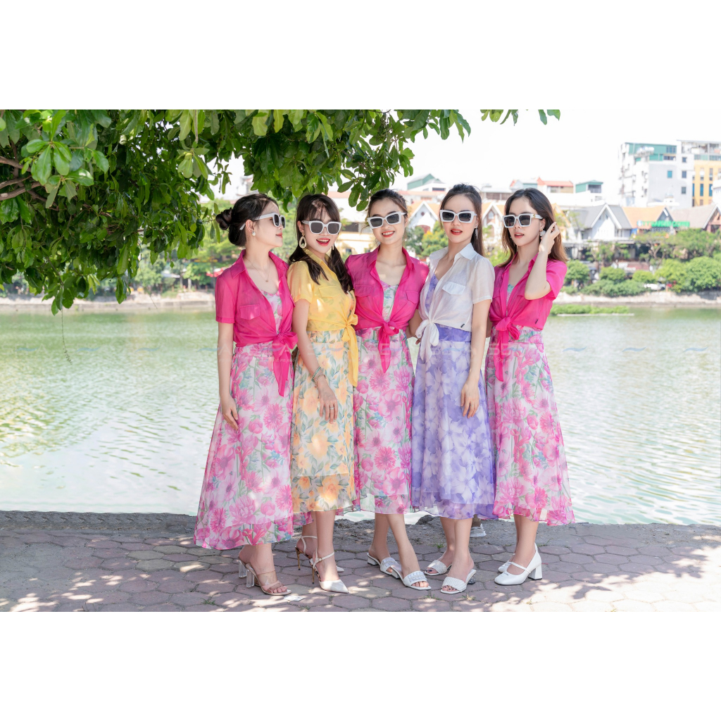 Ảnh Đầm hoa SEFA kèm áo khoác chất liệu lụa tơ cao cấp, đầm đi biển đầm voan hoa áo sơ mi cổ đức khoác 3