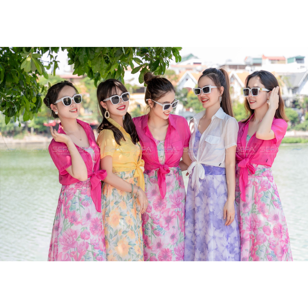 Ảnh Đầm hoa SEFA kèm áo khoác chất liệu lụa tơ cao cấp, đầm đi biển đầm voan hoa áo sơ mi cổ đức khoác 4
