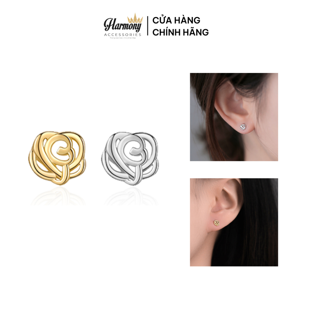 Khuyên tai nữ bạc mặt hoa hồng nhỏ nhắn 2 màu xi bạch kim và vàng Rose đơn giản, xinh xắn | HARMONY ACCESSORIES K180