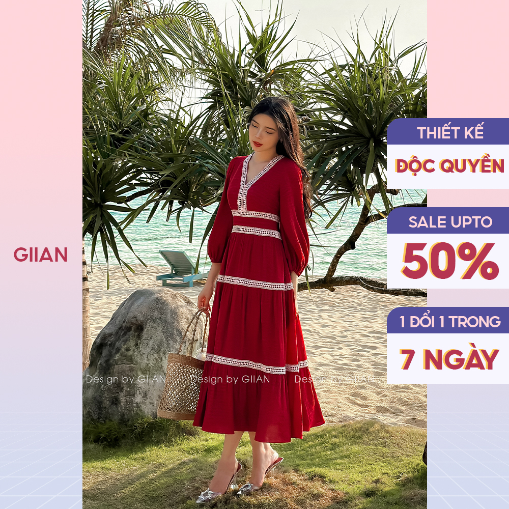 Váy đi biển đầm maxi dài cổ v phối viền ren thương hiệu Giian - GV2688DO