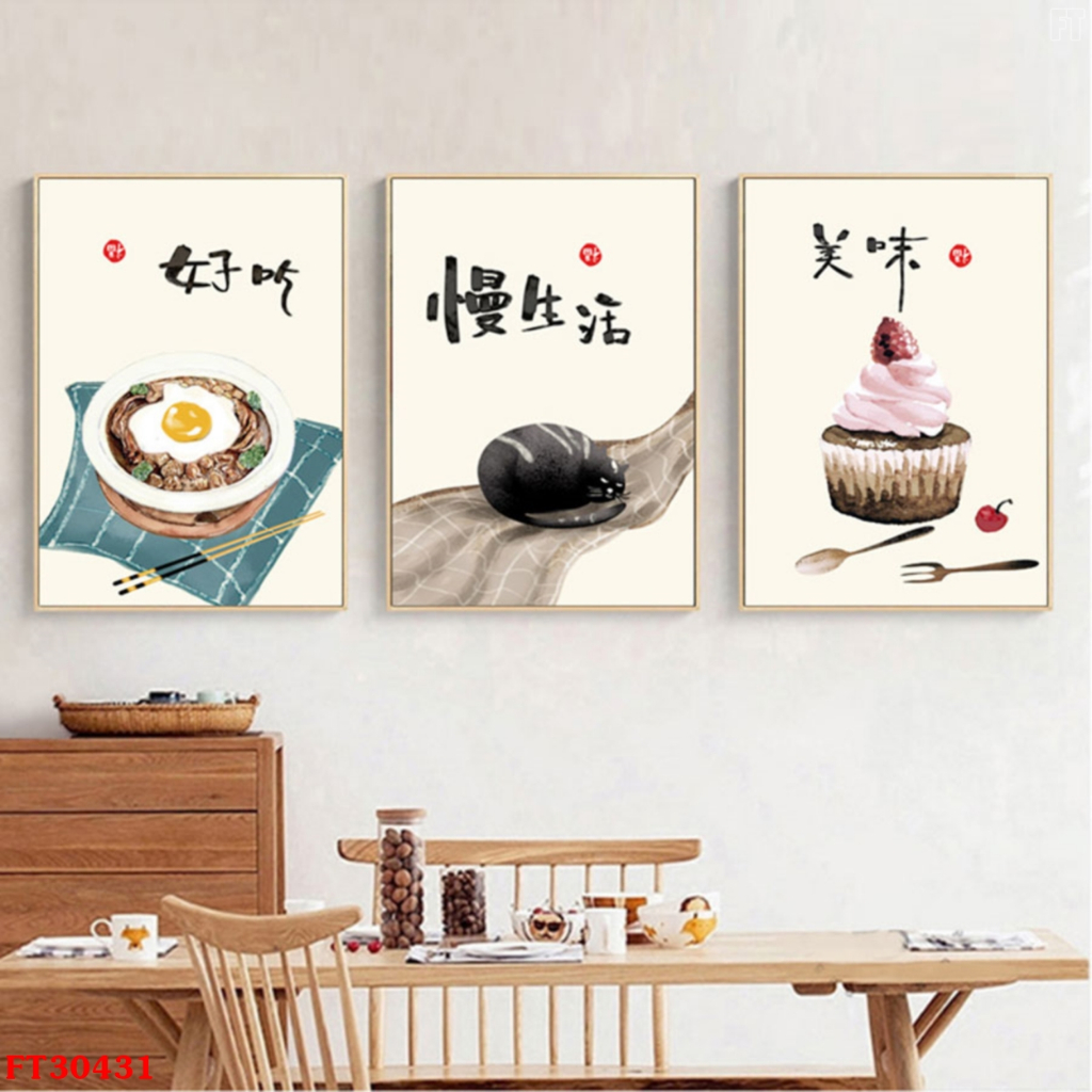 Bộ 3 Tranh Treo Tường Tráng Gương Họa Tiết Đồ Ăn Phong Cách Nhật Bản 