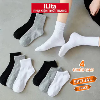 Tất vớ nữ nam cao cổ dài trắng dễ thương hàn quốc đẹp iLita chân thấp nhún đủ màu trắng, đen, xám