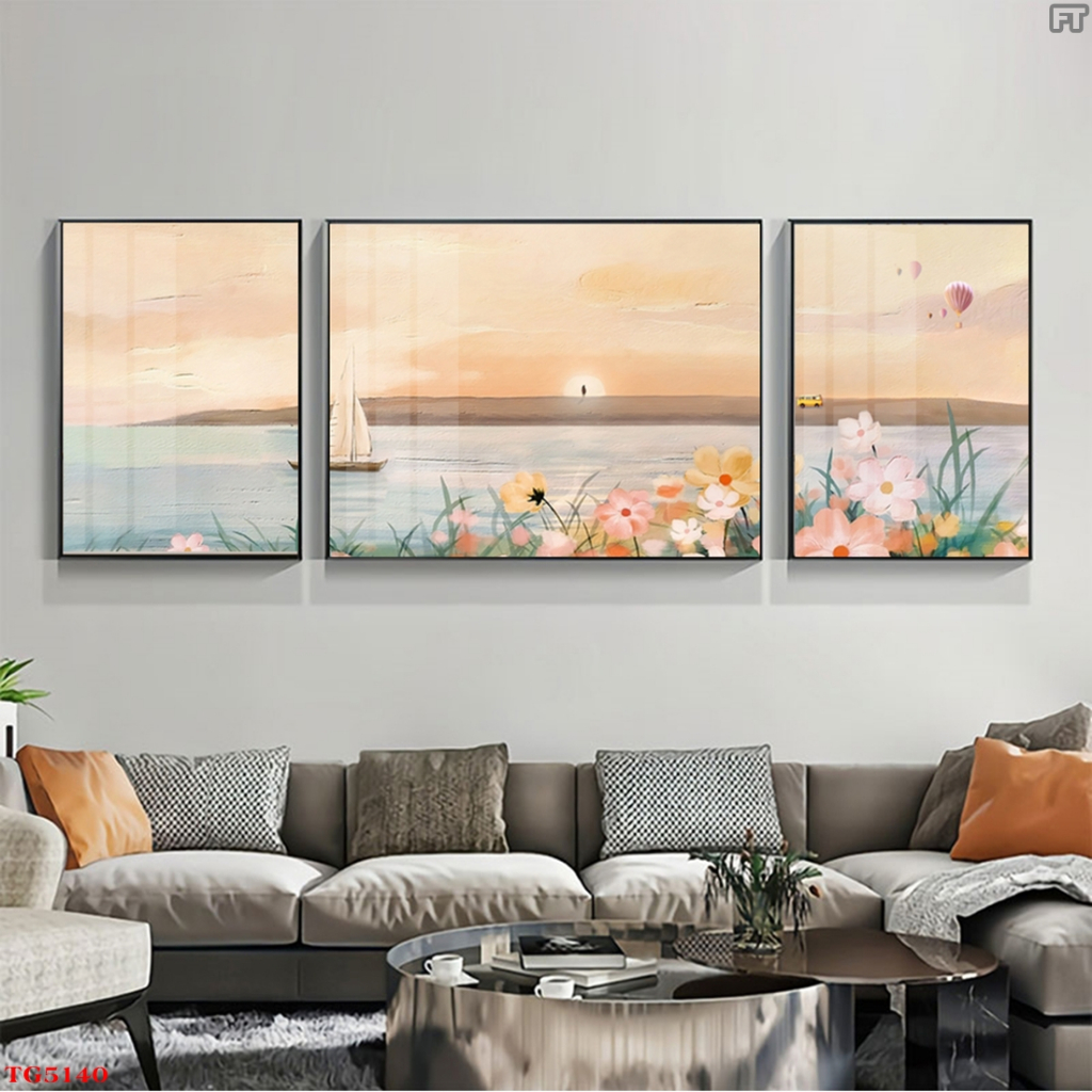 Bộ 3 Tranh Treo Tường Tráng Gương Cao Cấp Phong Cảnh Và Hoa Trang Trí Nhà, Quán Cà Phê Hiện Đại OHA Decor