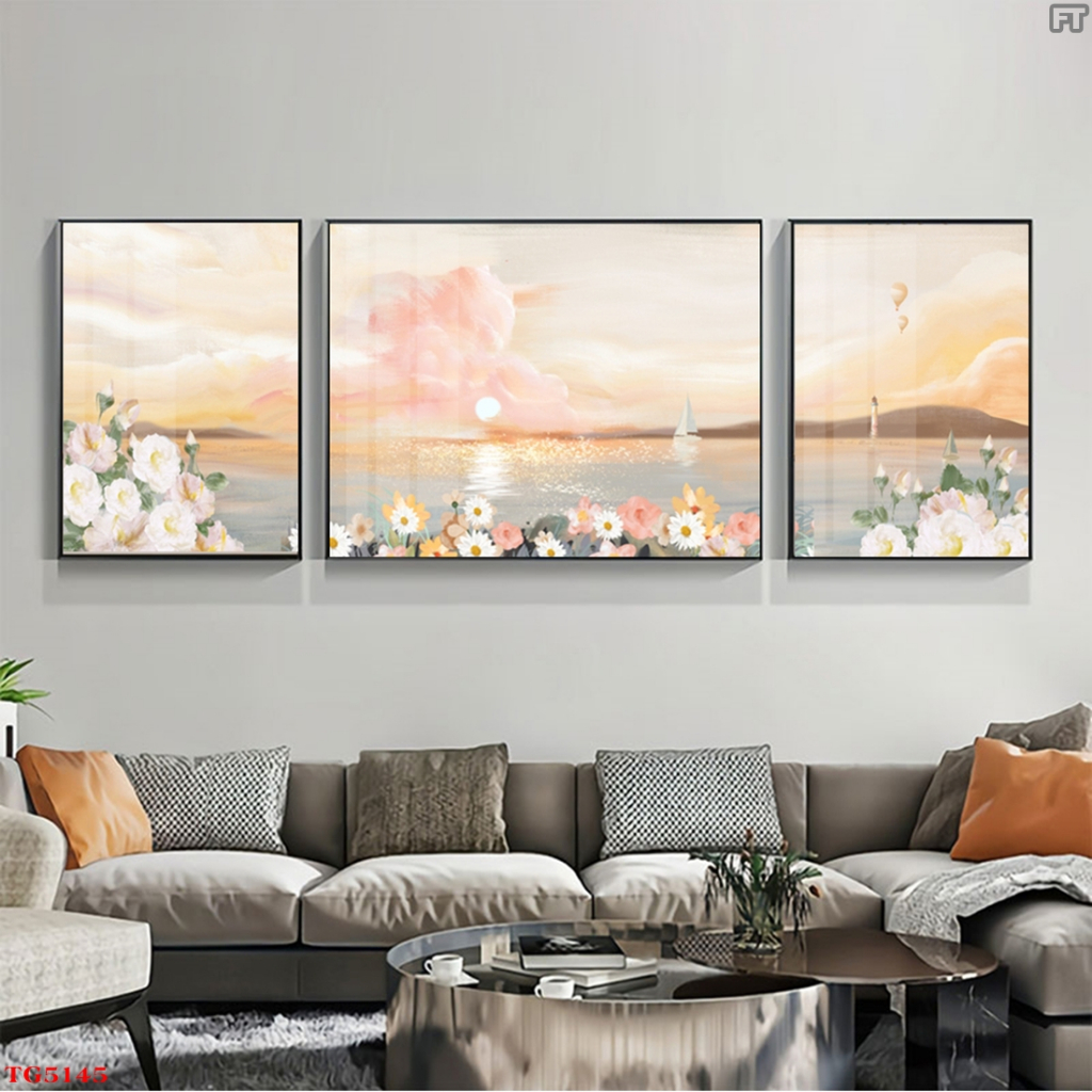 Bộ 3 Tranh Treo Tường Tráng Gương Cao Cấp Phong Cảnh Và Hoa Trang Trí Nhà, Quán Cà Phê Hiện Đại OHA Decor