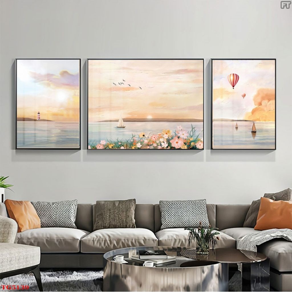 Bộ 3 Tranh Treo Tường Tráng Gương Cao Cấp Phong Cảnh Và Hoa