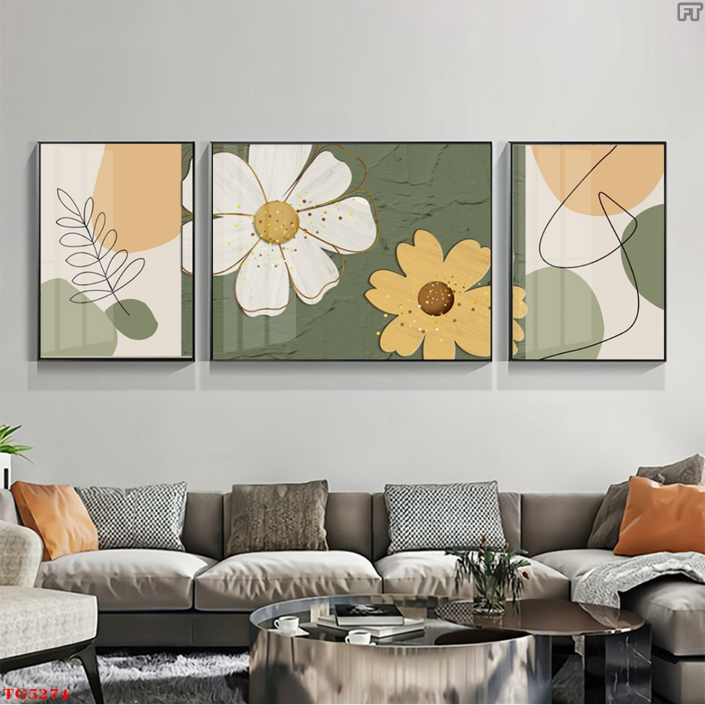 Bộ 3 Tranh Treo Tường Tráng Gương Cao Cấp Chủ Đề Hoa 