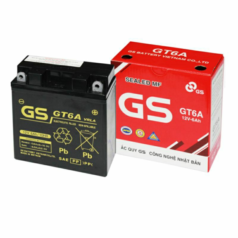 Bình acquy GS cao đỏ GT6A gắn xe số: Dream, Future 1, Wave anpha 2 chóa ...