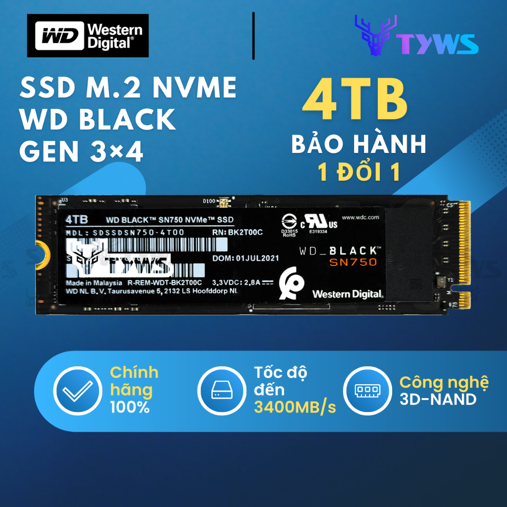 Ổ Cứng SSD M.2 NVMe 4TB WD Black SN750 Western Digital Gen 3×4 - Bảo hành 1  đổi 1 SN7504TB | Shopee Việt Nam