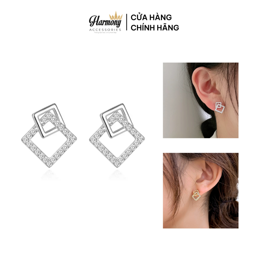 Khuyên tai nữ bạc hình vuông kép đính đá 2 màu xi bạch kim và vàng Rena | HARMONY ACCESSORIES K126