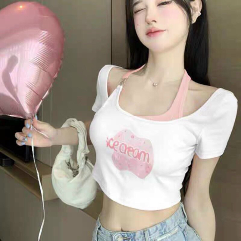Áo thun nữ kiểu xoắn cổ phối yếm tay ngắn chất cotton ôm body A124 | BigBuy360 - bigbuy360.vn