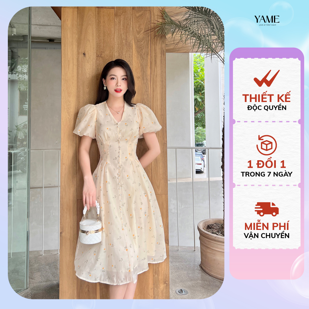 Váy hoa tay bồng cổ V đính cúc ngọc YV186 YAME