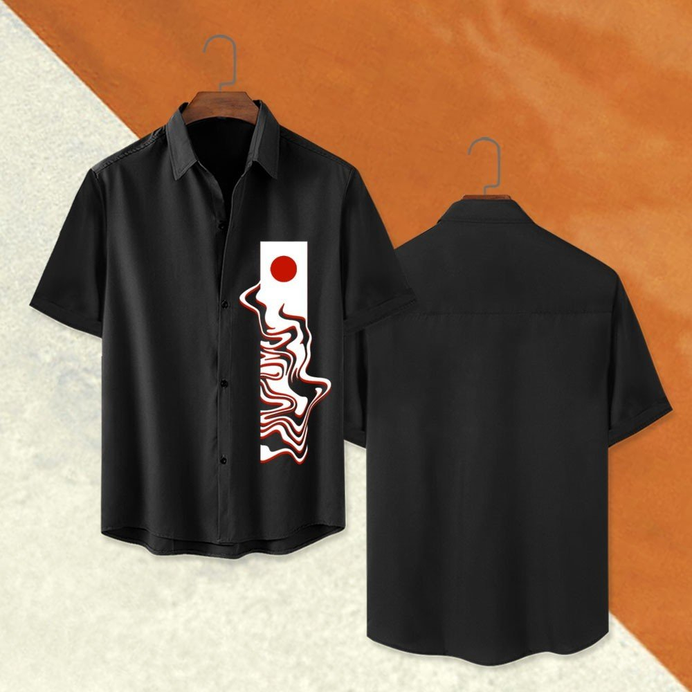 áo sơ mi  CỔ ĐỨNG màu ĐEN Tay Ngắn Thời Trang Unisex Vải Lụa Chéo